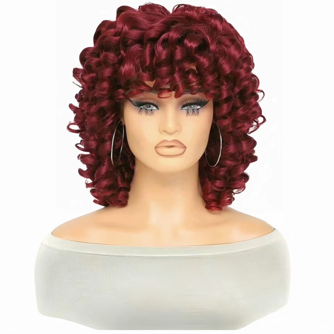 Perruque Bouncy Curl noire à frange .Perruque bouclée courte en fibre synthétique résistante à la chaleur .