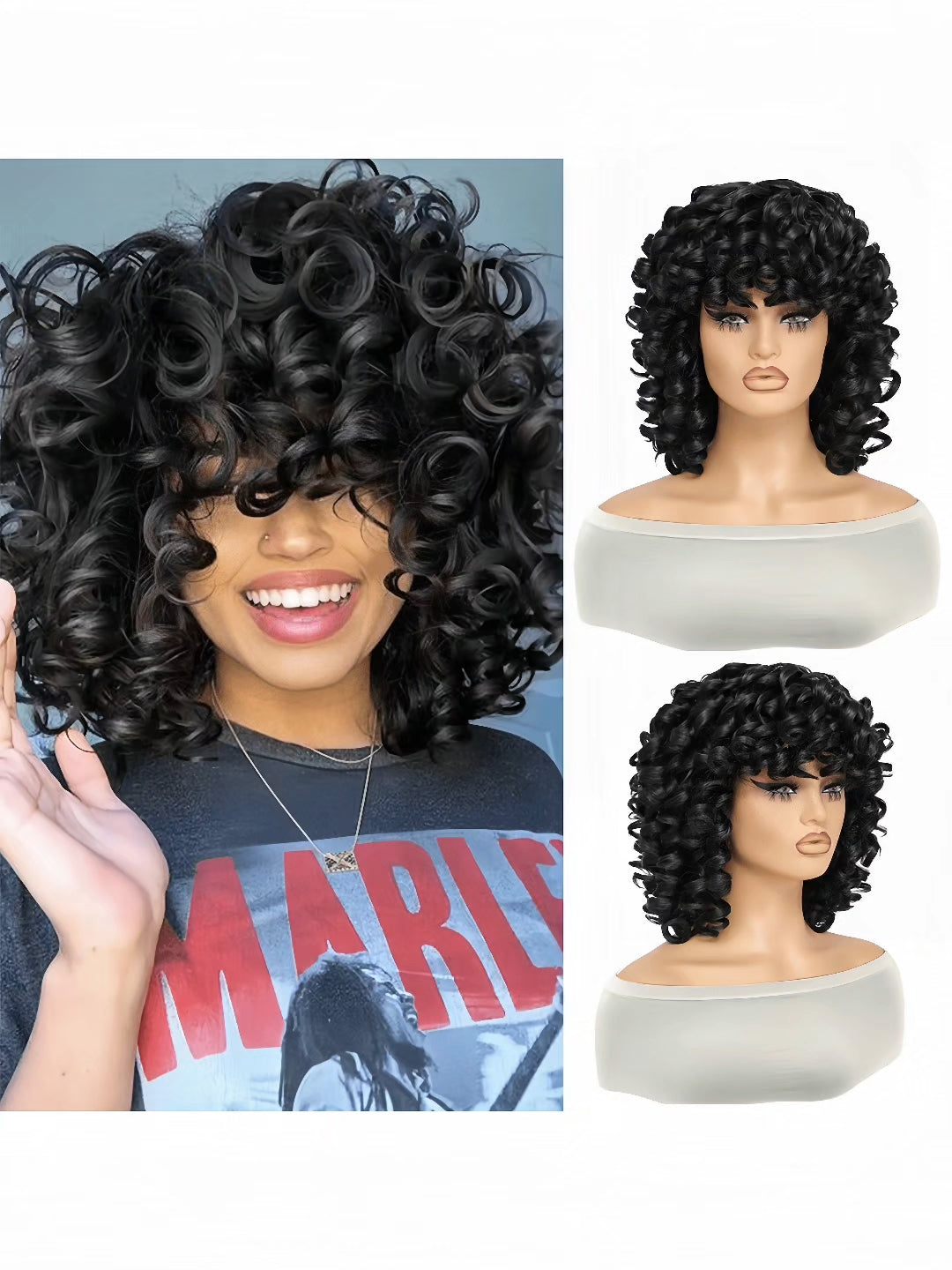 Perruque Bouncy Curl noire à frange .Perruque bouclée courte en fibre synthétique résistante à la chaleur .