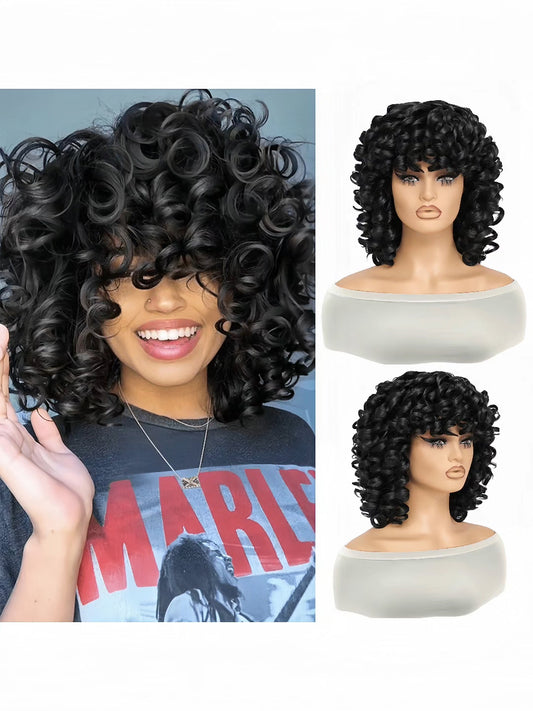 Perruque Bouncy Curl noire à frange .Perruque bouclée courte en fibre synthétique résistante à la chaleur .